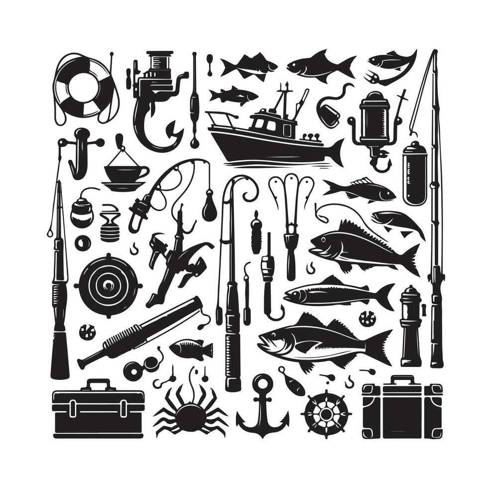 FISHING ELEMENTS ICON ILLUSTRATION SILHOUETTES vector