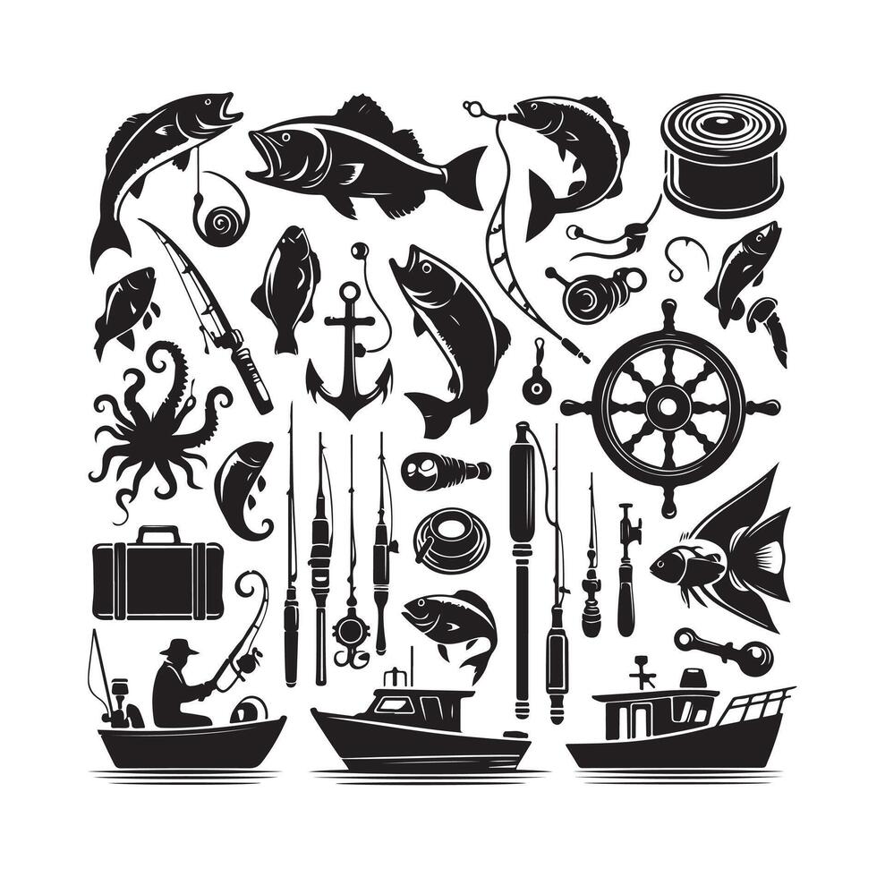 FISHING ELEMENTS ICON ILLUSTRATION SILHOUETTES vector