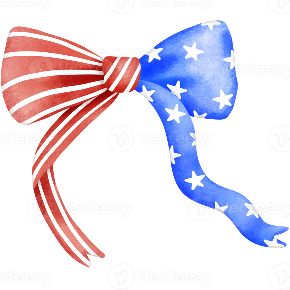 4th of july coquette bow stars and stripes clipart, Red white blue ribbon watercolor illustration. png