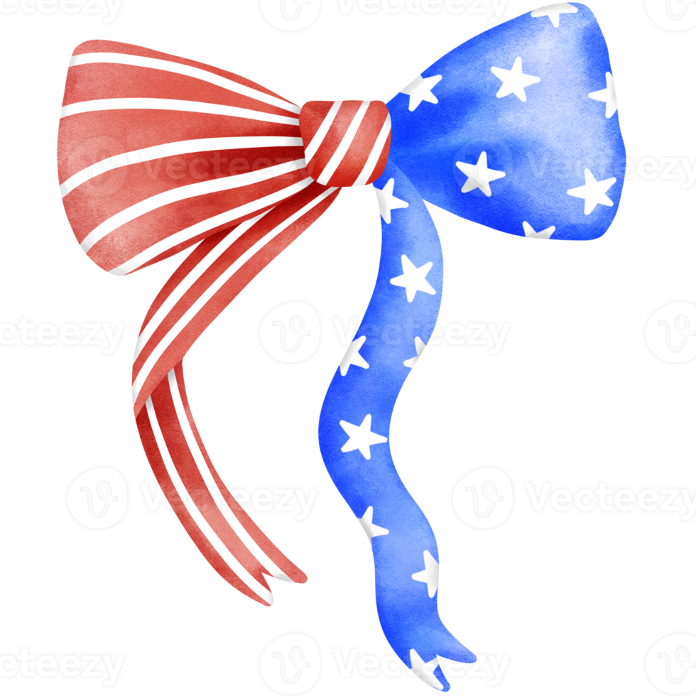 4th of july coquette bow stars and stripes clipart, Red white blue ribbon watercolor illustration. png