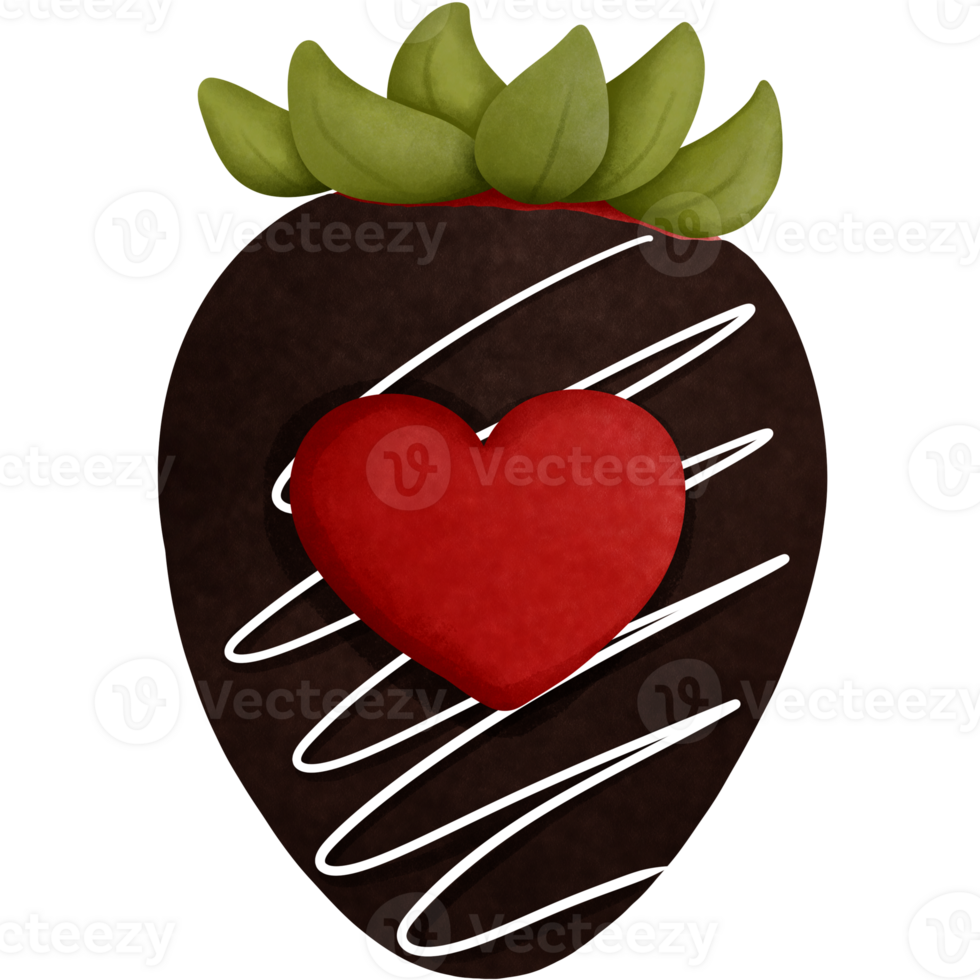 Watercolor chocolate covered strawberry with red heart clipart and splashing with white cream. png