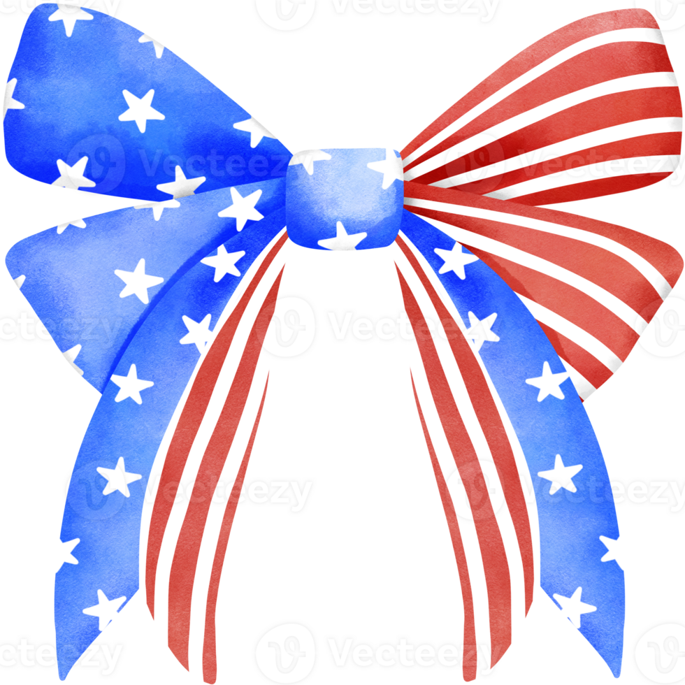 4th of july coquette bow stars and stripes clipart, Red white blue ribbon watercolor illustration. png
