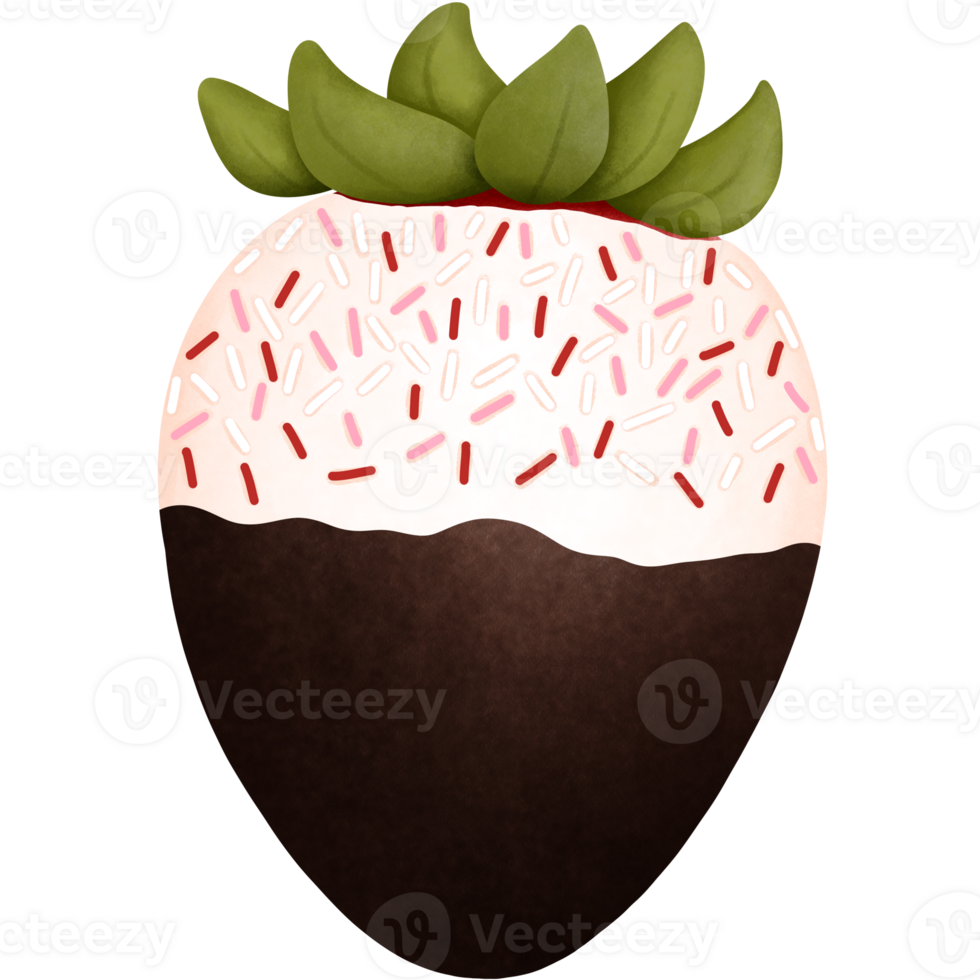 Dark and white chocolate covered strawberry and sprinkles watercolor clipart. png