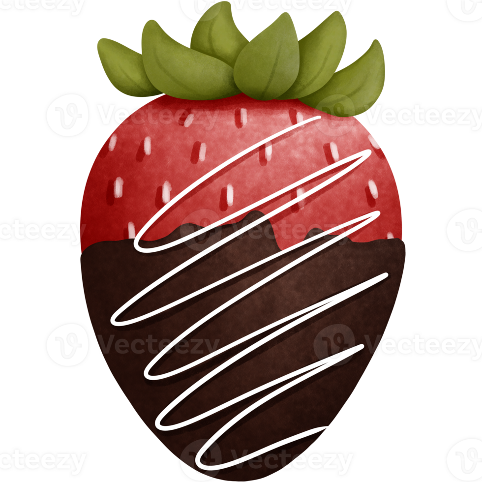 Watercolor chocolate covered strawberry clipart splashing with white cream. png