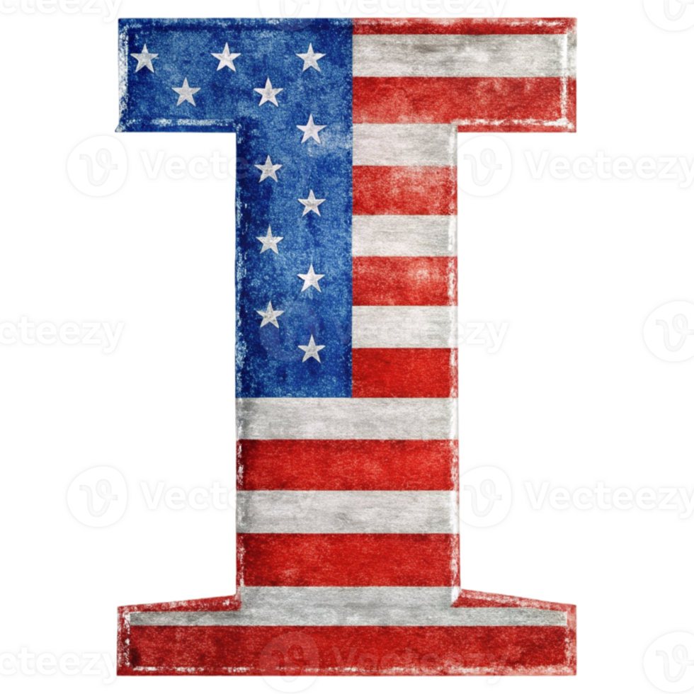 A capital letter I is filled with the design of the United States flag against a solid-colored background. png