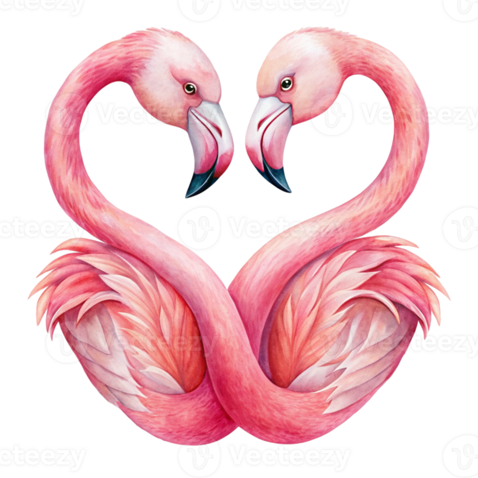 Two flamingos are facing each other creating a heart shape with their necks and heads against a solid-colored background. png