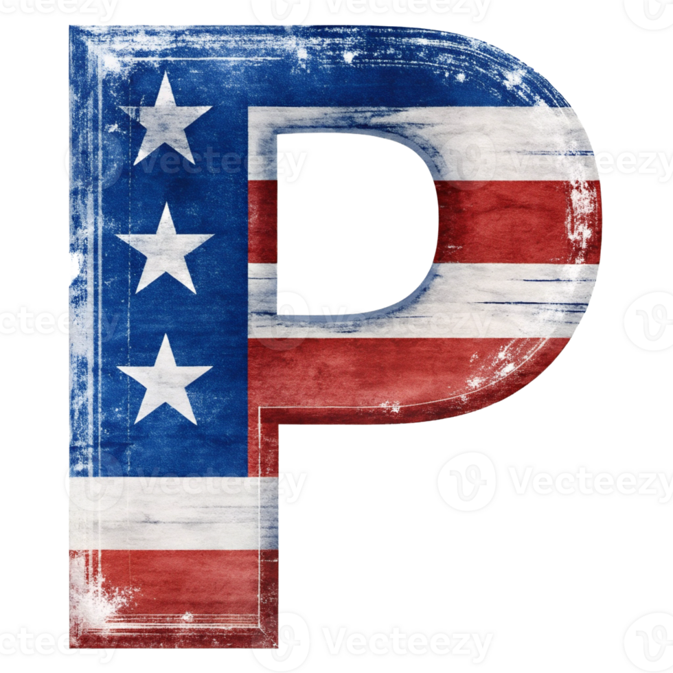 A capital letter P is filled with the design of the United States flag against a solid-colored background. png