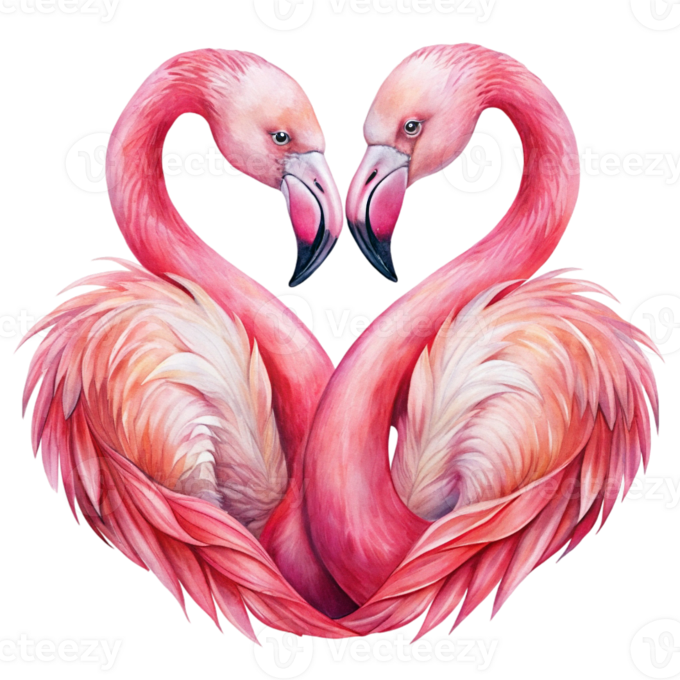 dois flamingos estão voltado para cada de outros criando uma coração forma com seus pescoços e cabeças contra uma de cor sólida fundo. png