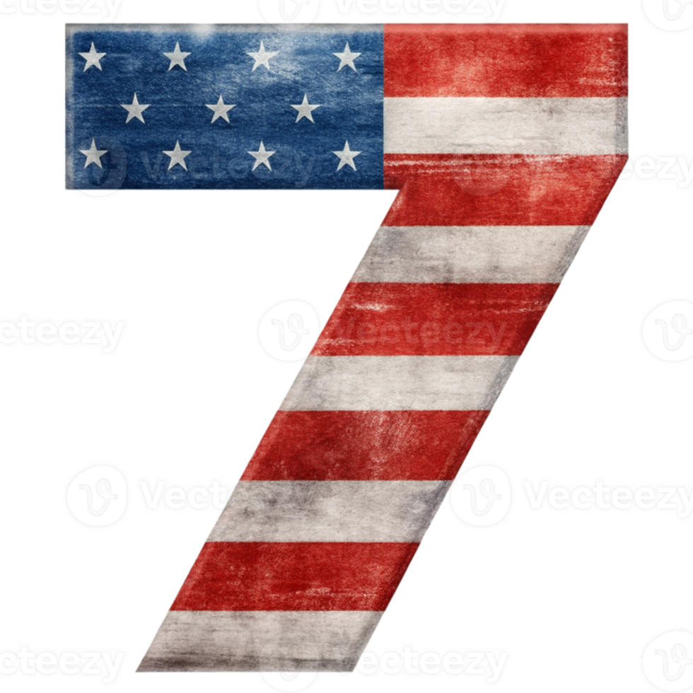 A number 7 is filled with the design of the United States flag against a solid-colored background. png