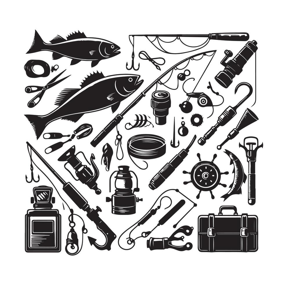 FISHING ELEMENTS ICON ILLUSTRATION SILHOUETTES vector