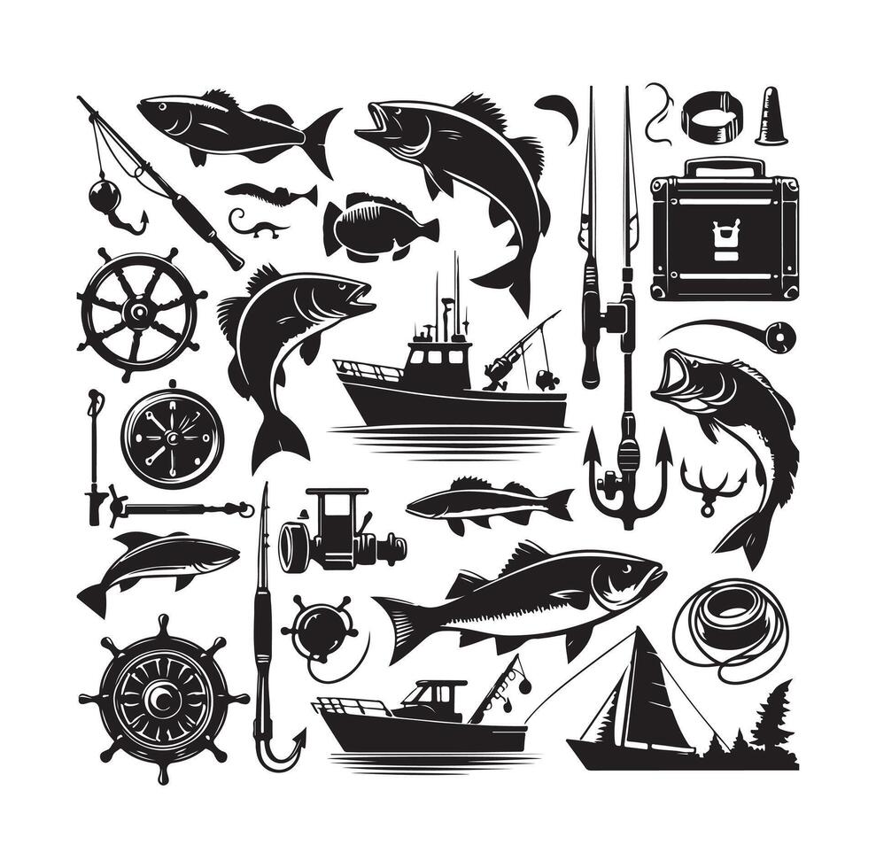 FISHING ELEMENTS ICON ILLUSTRATION SILHOUETTES vector
