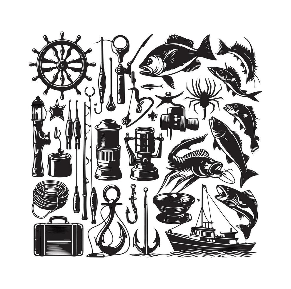 FISHING ELEMENTS ICON ILLUSTRATION SILHOUETTES vector