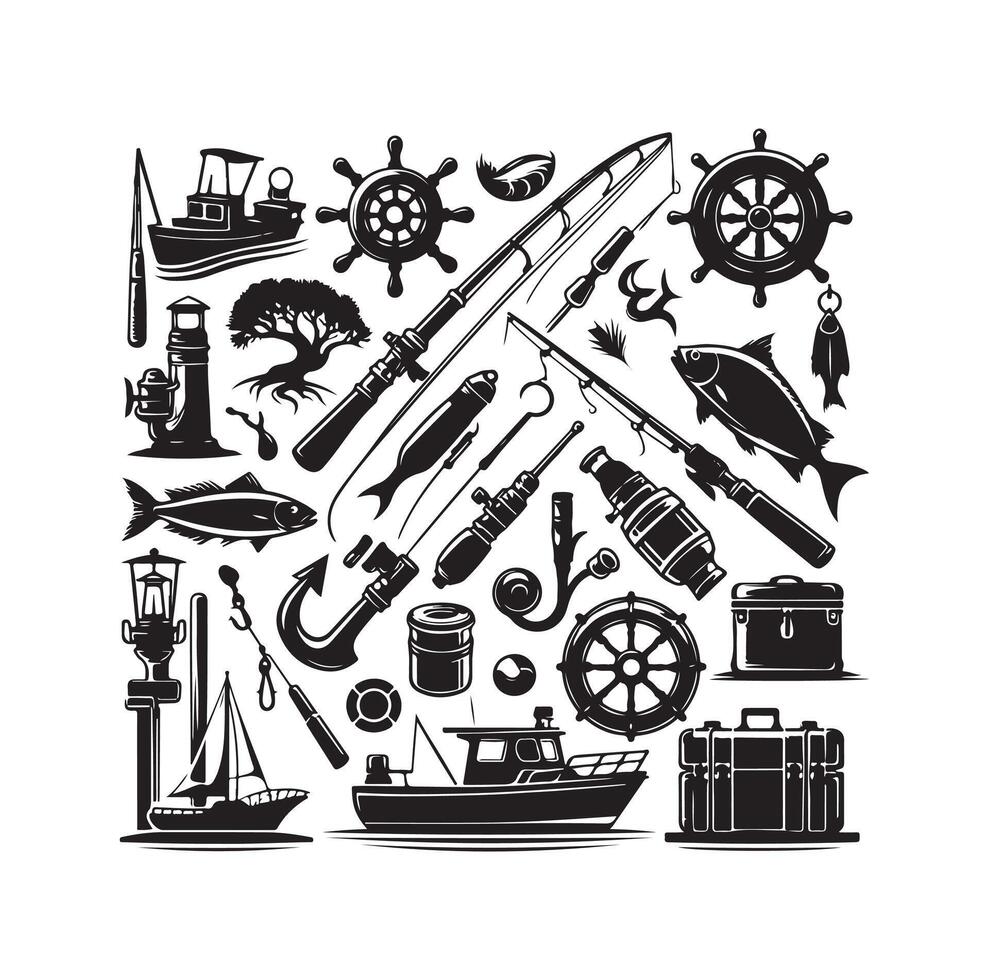 FISHING ELEMENTS ICON ILLUSTRATION SILHOUETTES vector