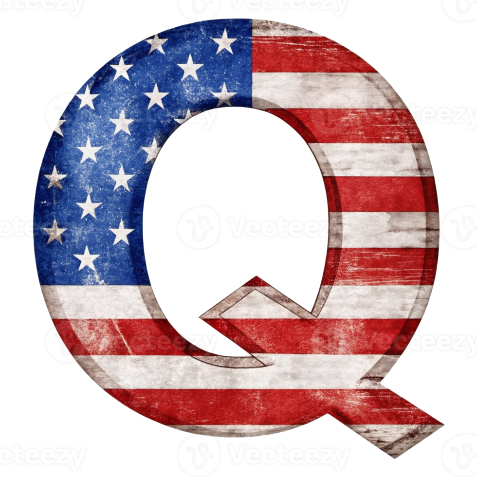 A capital letter Q is filled with the design of the United States flag against a solid-colored background. png