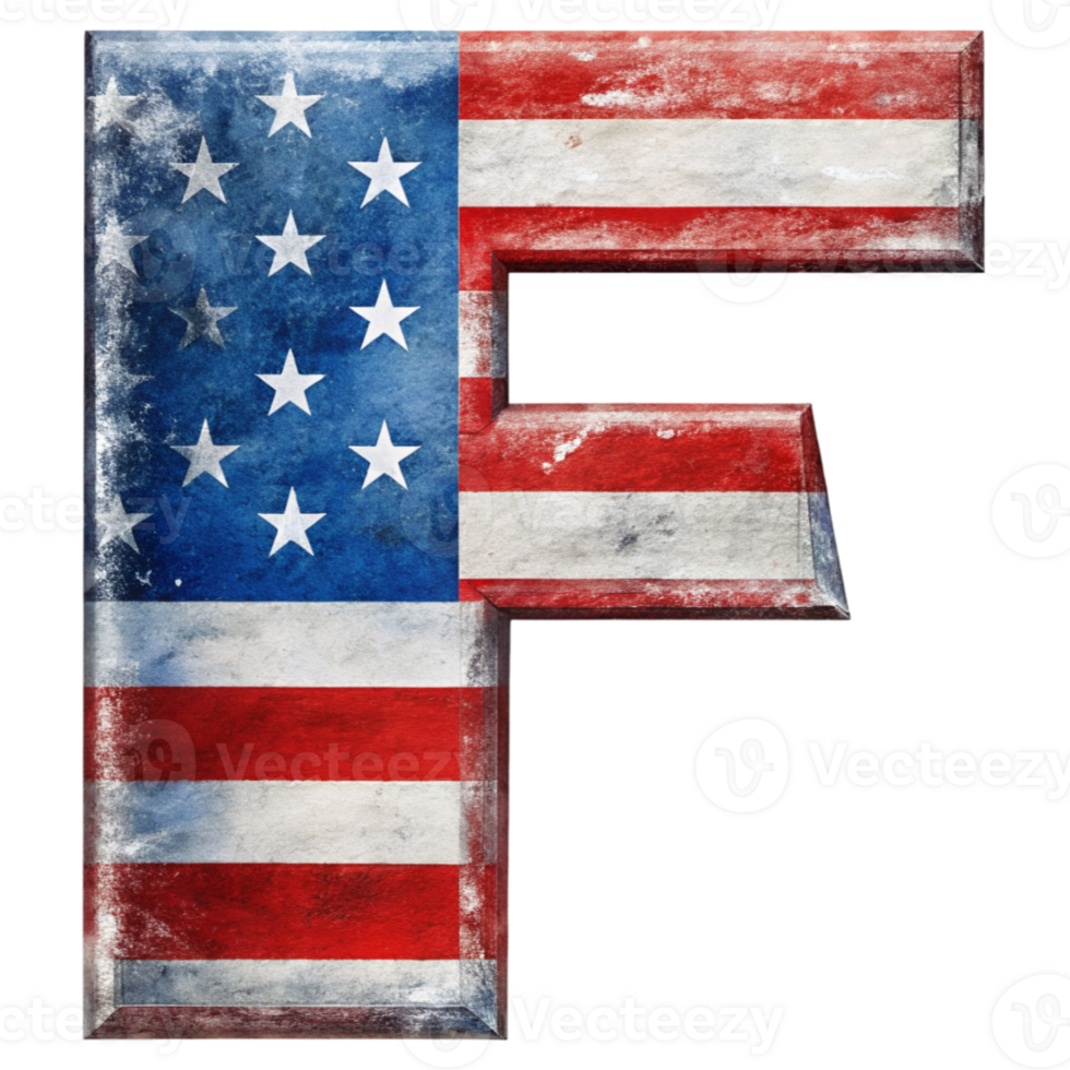 A capital letter F is filled with the design of the United States flag against a solid-colored background. png