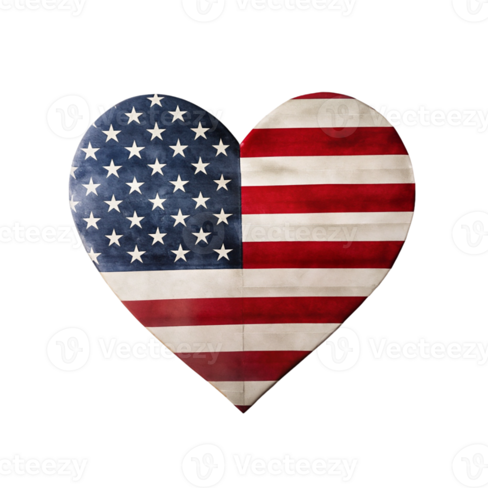 A heart shape is split down the middle to show two sides of the United States flag, png