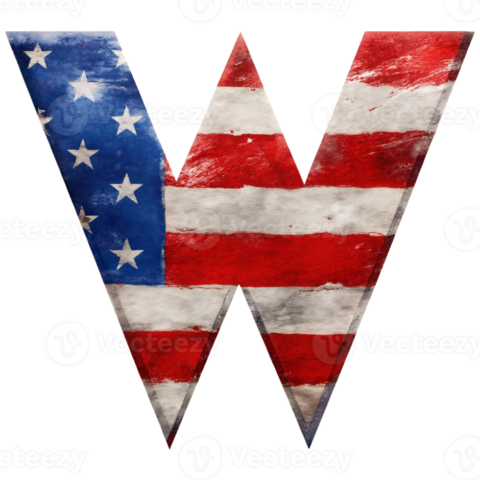A capital letter W is filled with the design of the United States flag against a solid-colored background. png