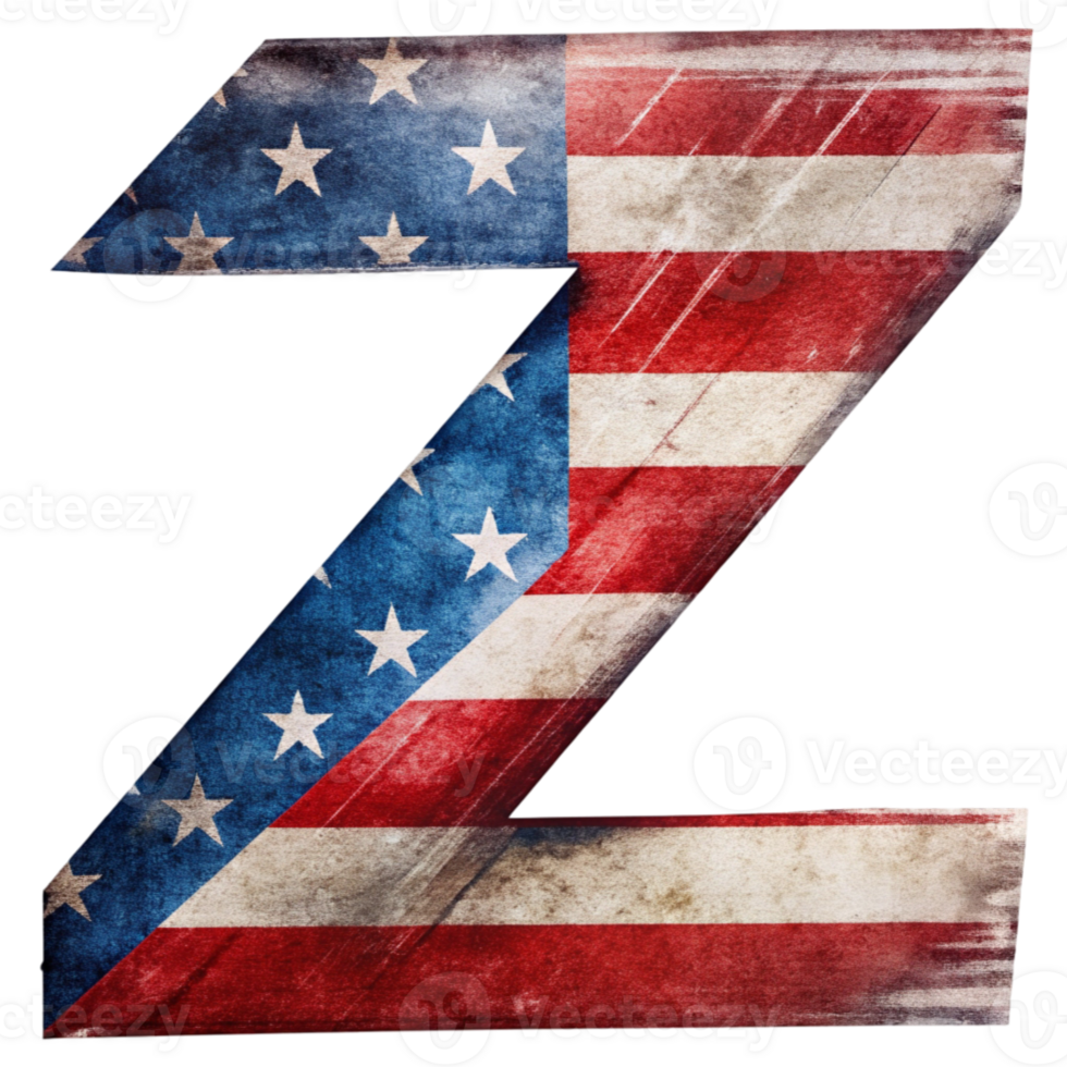 A capital letter Z is filled with the design of the United States flag against a solid-colored background. png