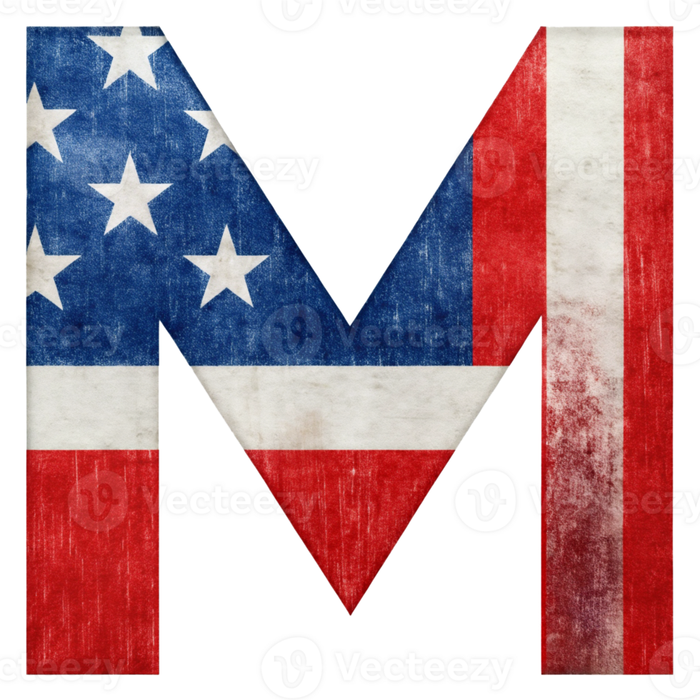 A capital letter M is filled with the design of the United States flag against a solid-colored background. png