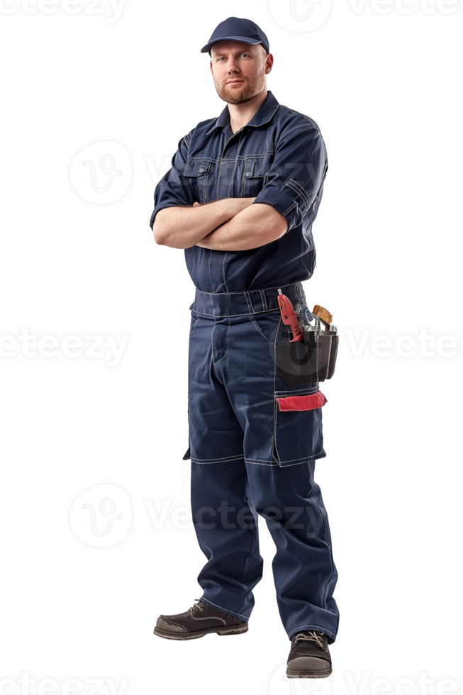 portrait of fat man car mechanic standing with holding a tool. png