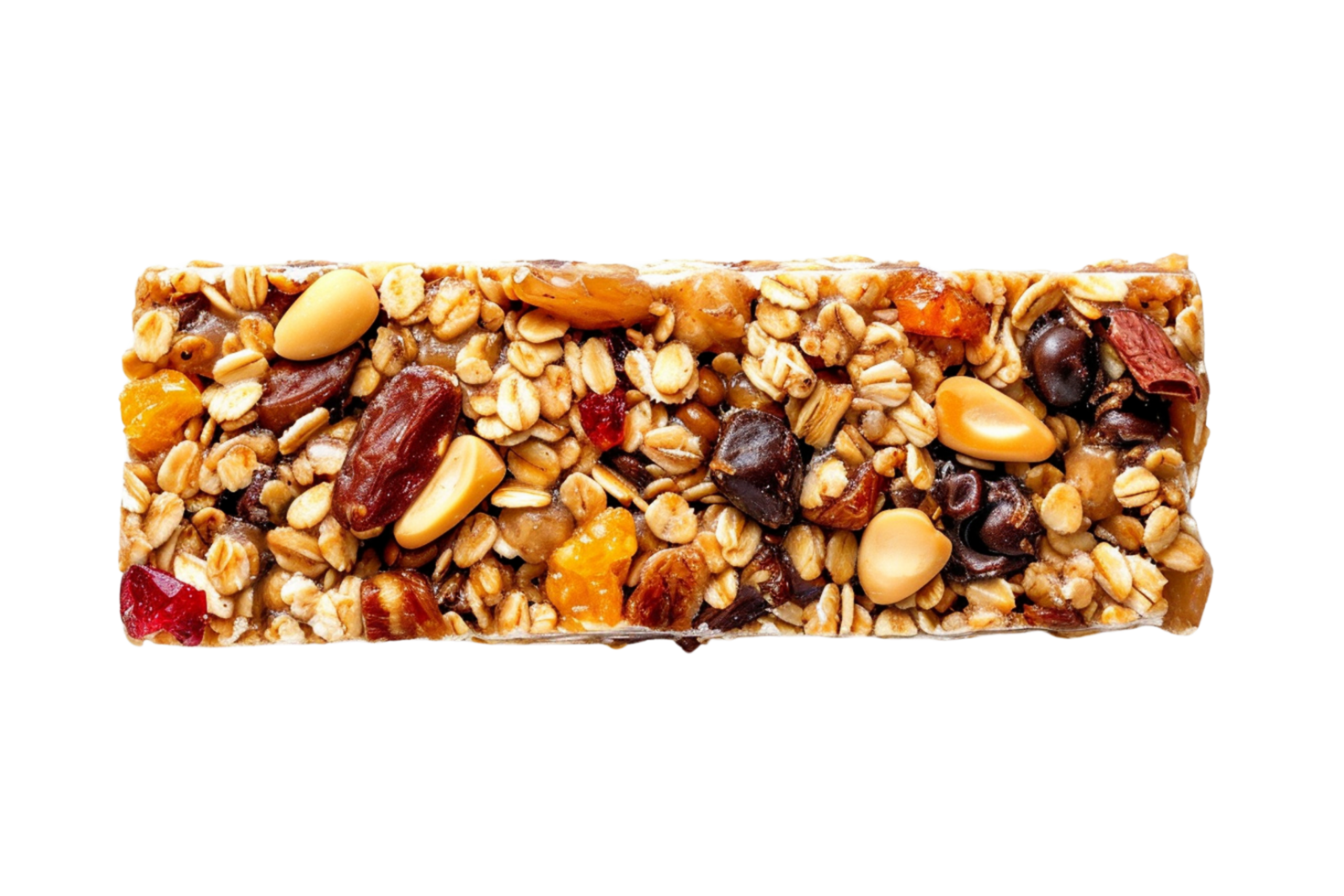 A granola bar with a mix of oats, nuts, and dried fruits isolated on transparent background, png