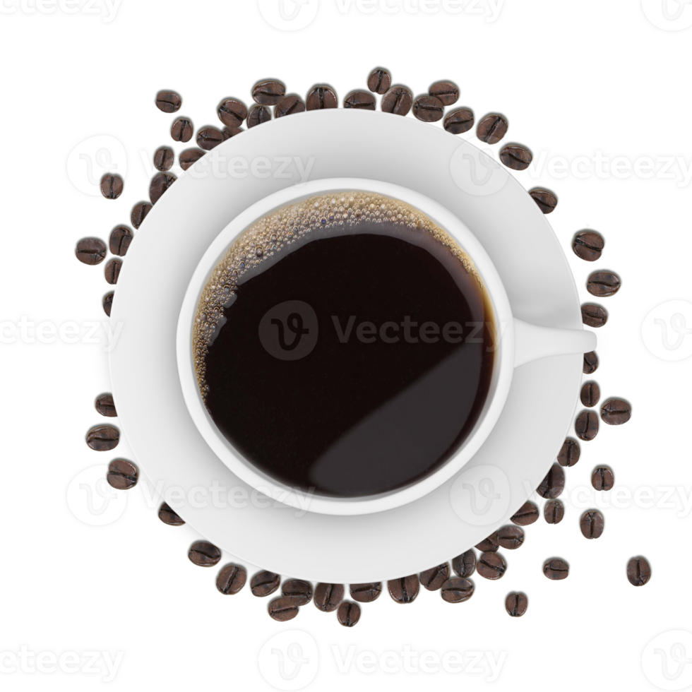 Top view of a Coffee cup and beans, transparent background png