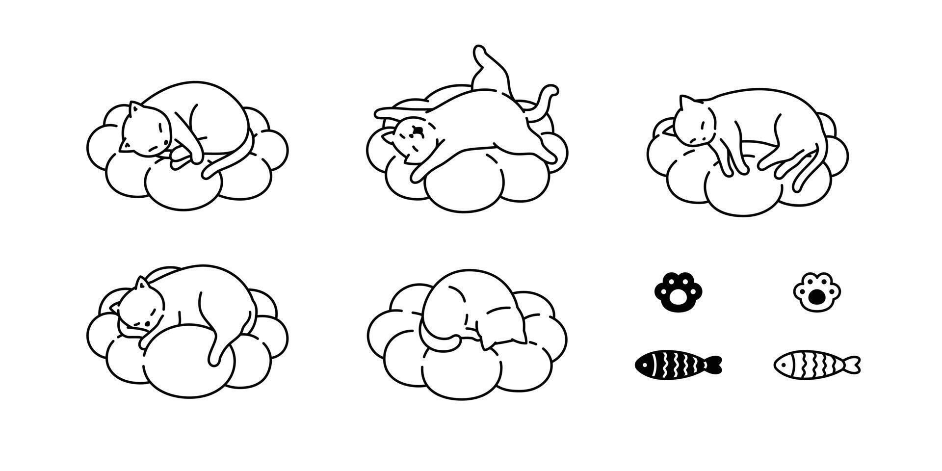 cat kitten calico icon sleeping cloud fish paw footprint pet cartoon character symbol scarf illustration doodle design vector