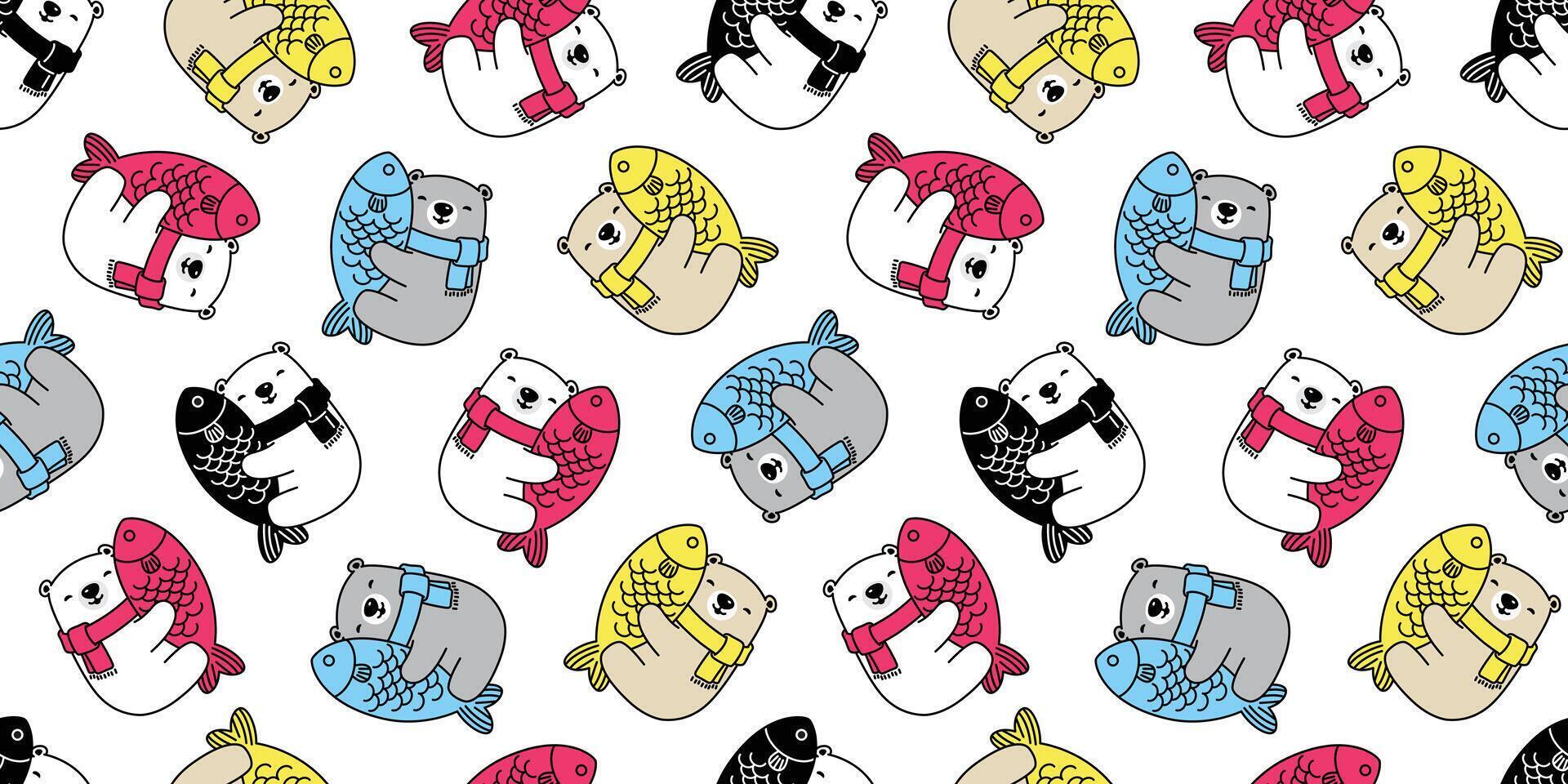 bear seamless pattern polar fish repeat wallpaper teddy scarf isolated cartoon tile background doodle illustration design vector