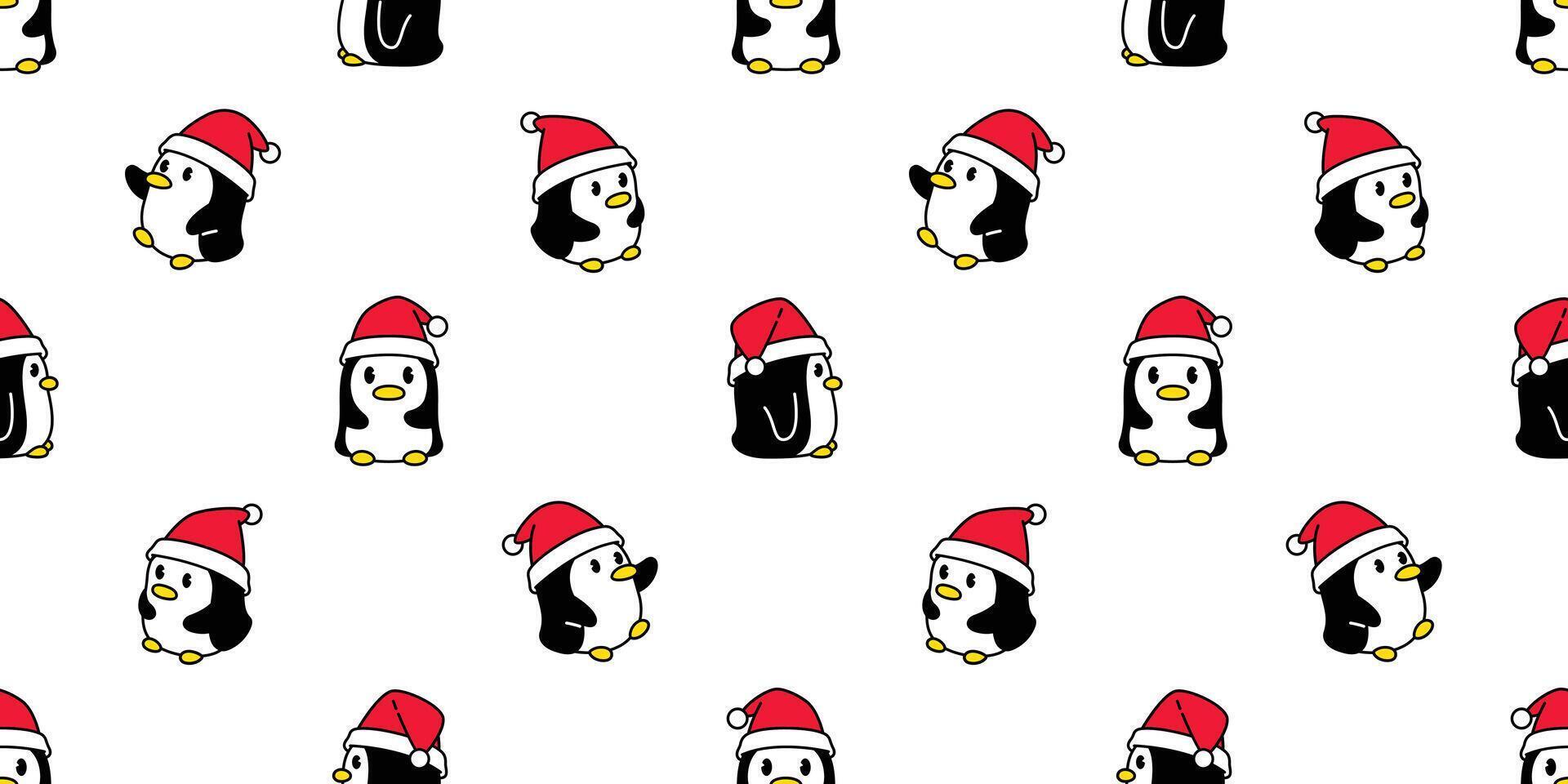 penguin Seamless pattern christmas santa claus hat bird cartoon scarf isolated tile background repeat wallpaper illustration doodle design vector