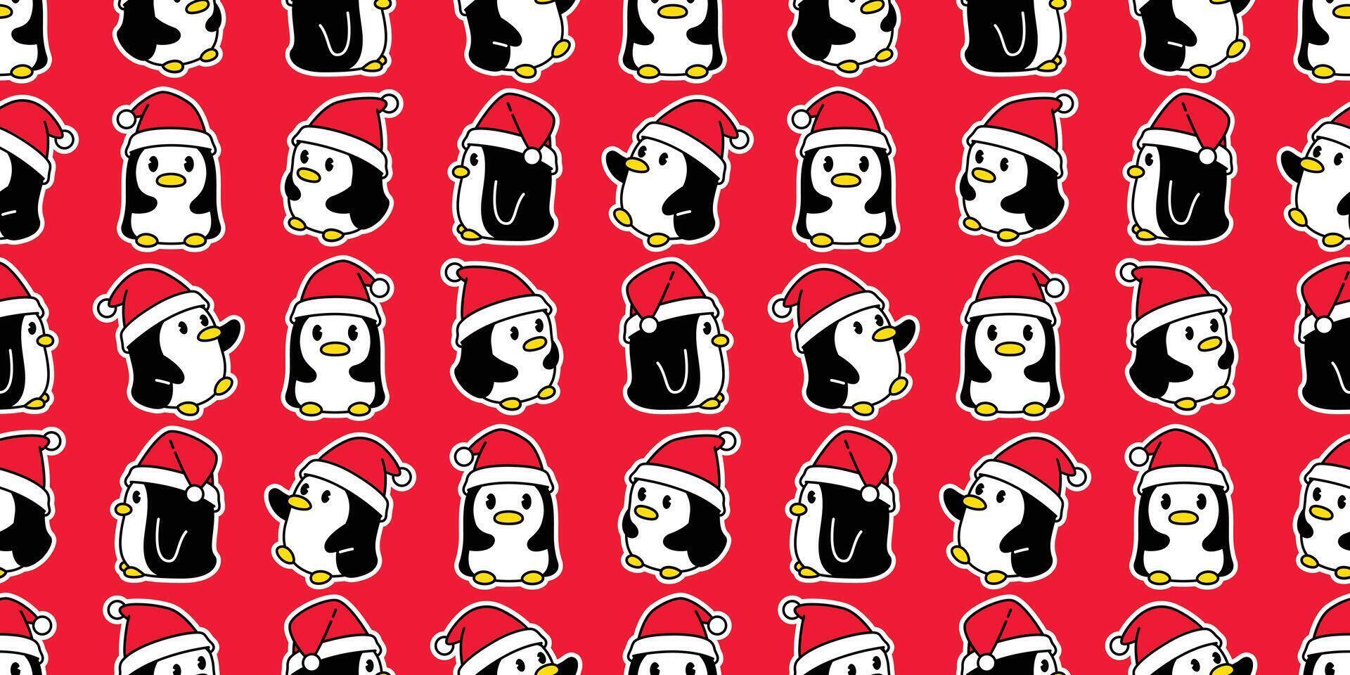 penguin Seamless pattern christmas santa claus hat bird cartoon scarf isolated tile background repeat wallpaper illustration doodle red design vector