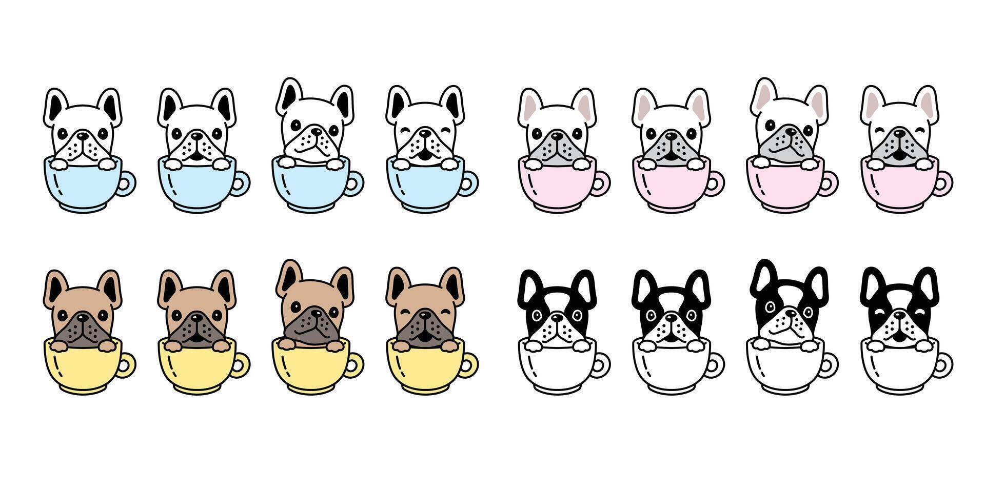 perro francés buldog icono café taza perrito mascota pata personaje dibujos animados símbolo bufanda ilustración garabatear diseño vector