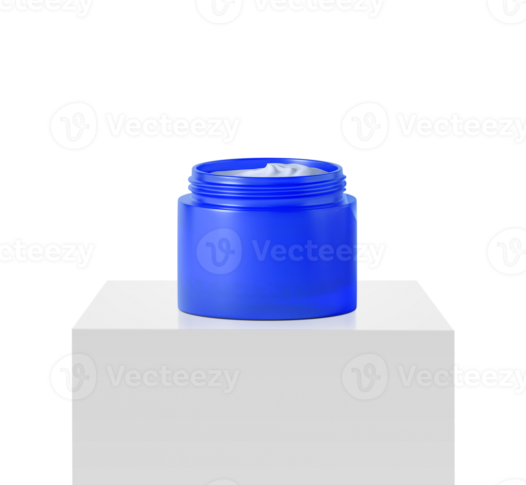 blue jar beauty cream container on podium white square, transparent background png