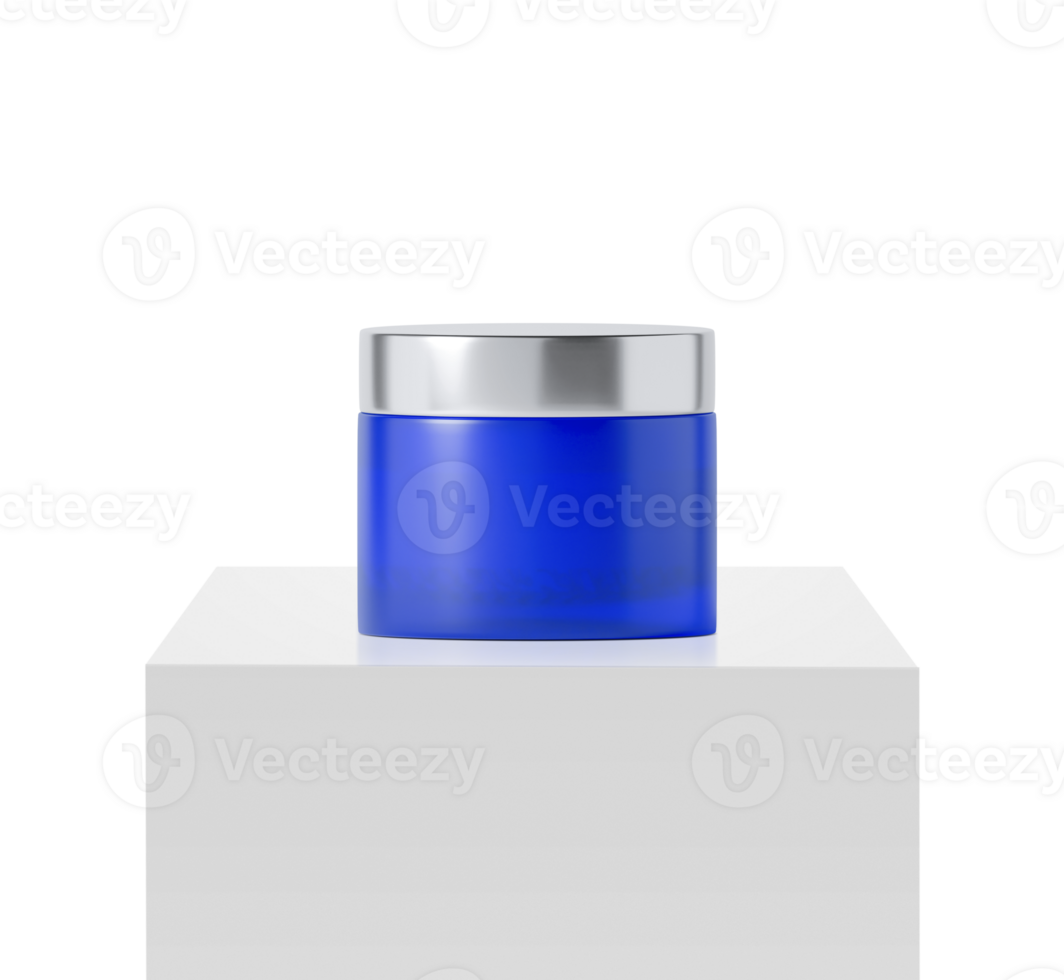 blue jar beauty cream container on podium white square, transparent background png