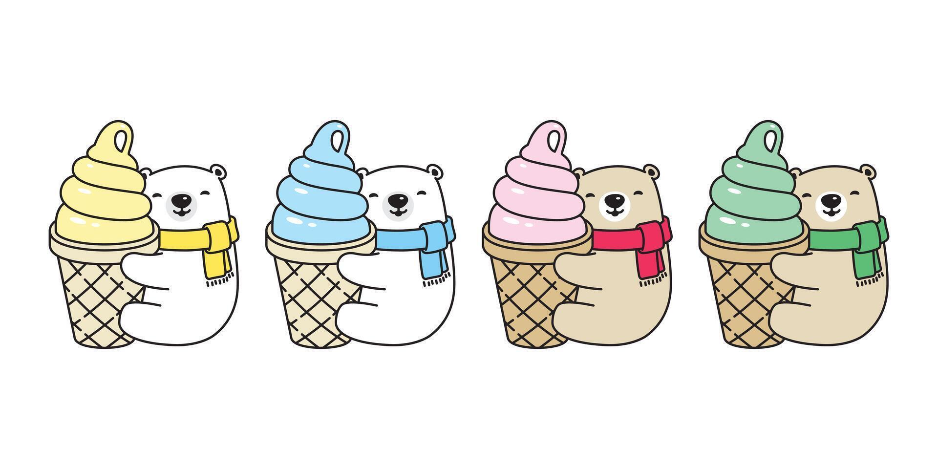 oso polar oso hielo crema cono icono logo osito de peluche dibujos animados personaje mascota símbolo garabatear ilustración diseño vector