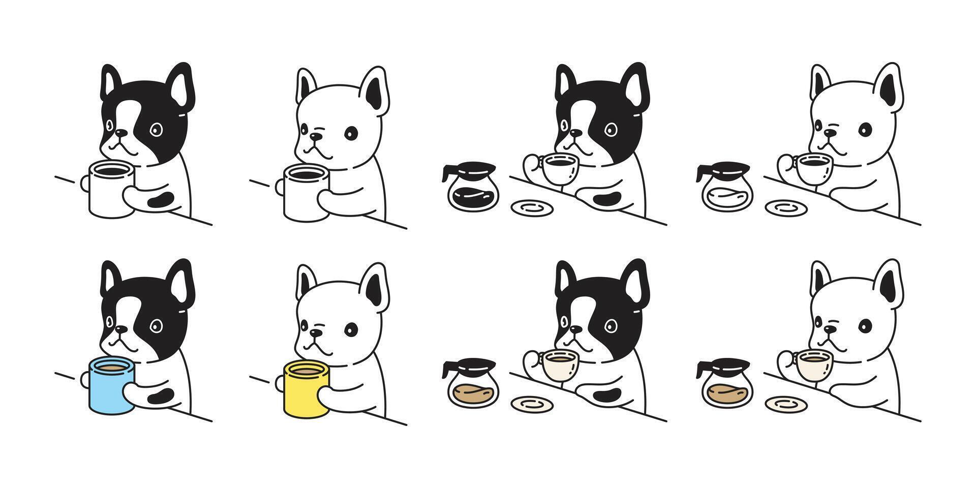 perro francés buldog icono café té mascota dibujos animados personaje símbolo bufanda ilustración garabatear diseño vector