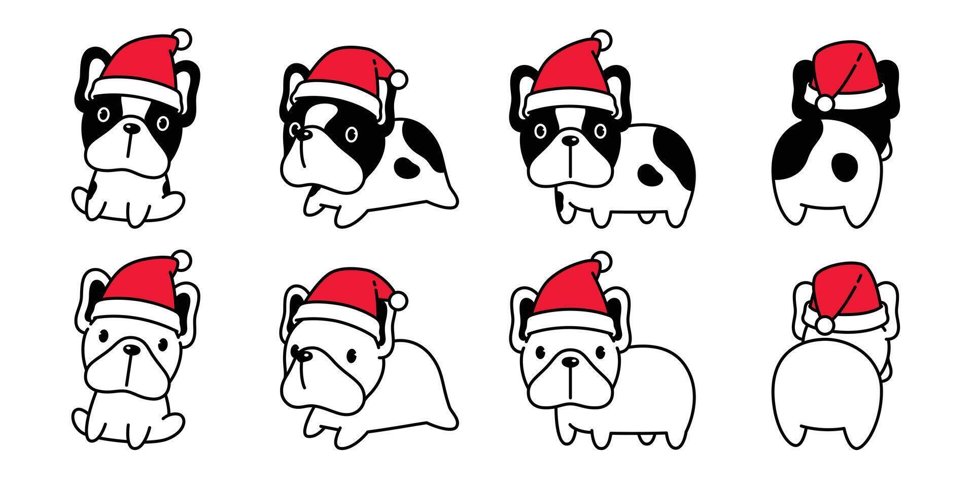 perro Navidad francés buldog Papa Noel claus sombrero icono perrito mascota dibujos animados personaje símbolo bufanda ilustración garabatear diseño vector