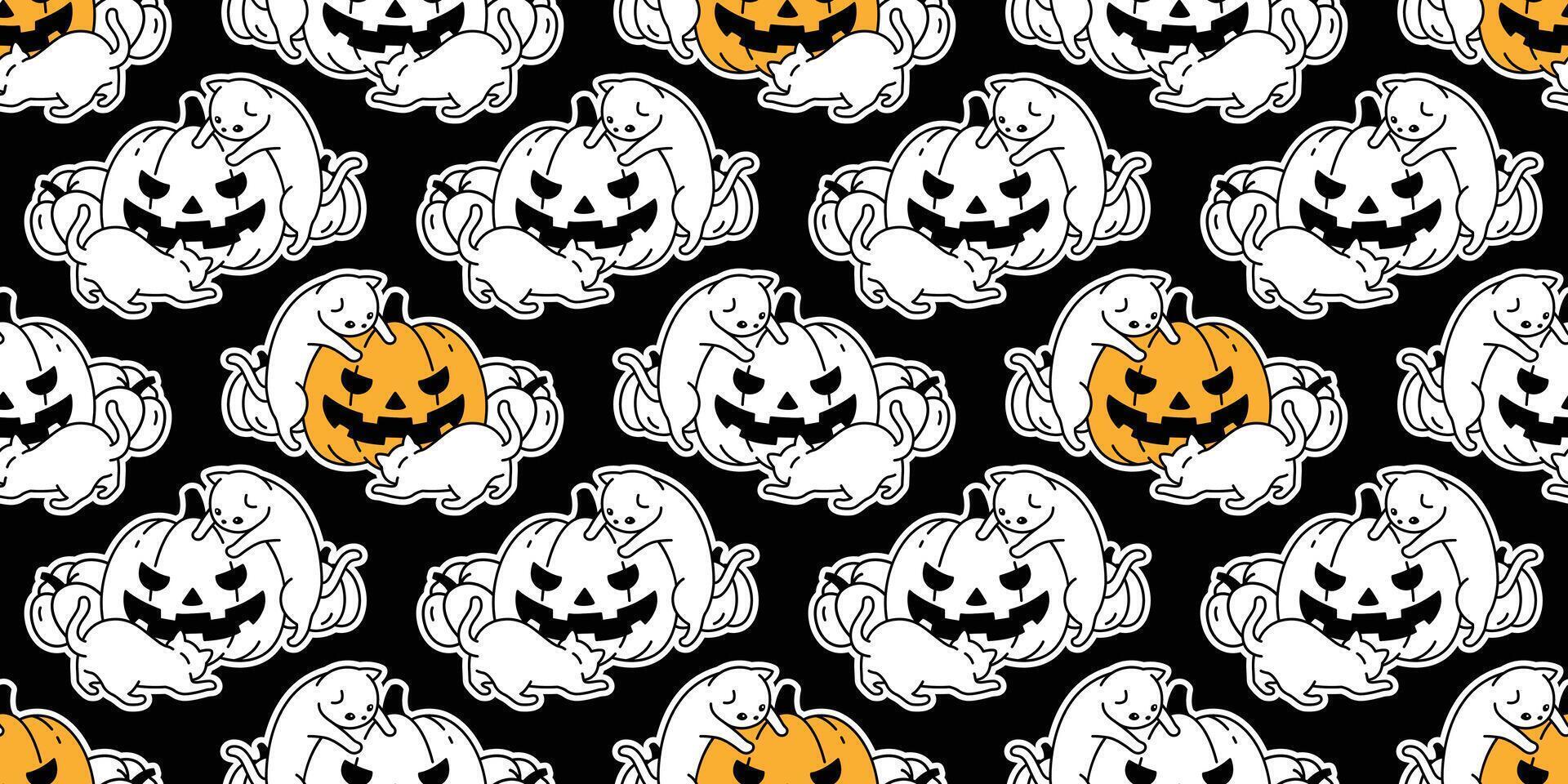 cat seamless pattern Halloween pumpkin kitten repeat wallpaper tile background scarf isolated cartoon character doodle illustration black design vector