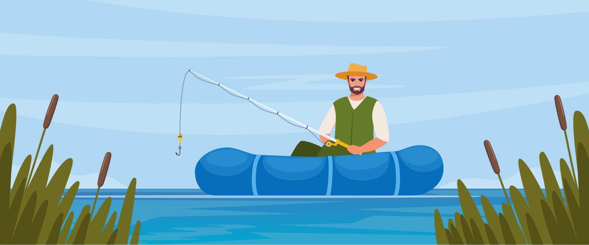 Man fishing. Fisherman at lake or river. Man in vest and hat. Guy waiting for catch a fish. Outdoor recreation, leisure time. illustration. vector