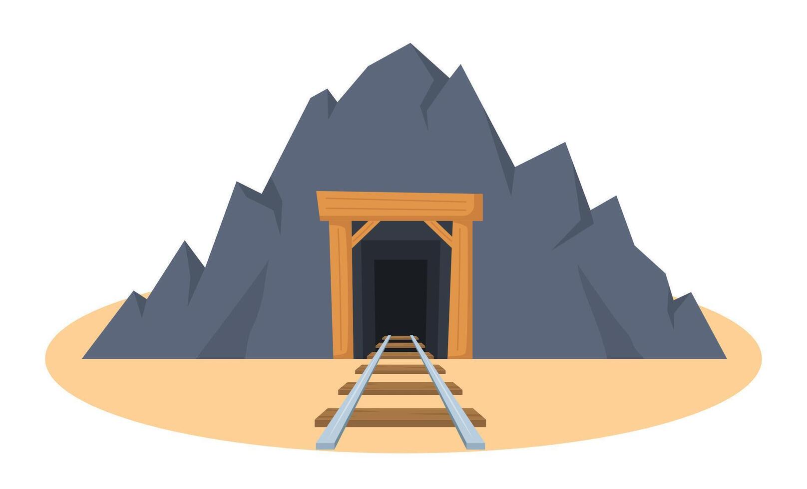 mía cueva Entrada con ferrocarril. roca, Roca eje con de madera tablones carbón mía túnel. ilustración. vector