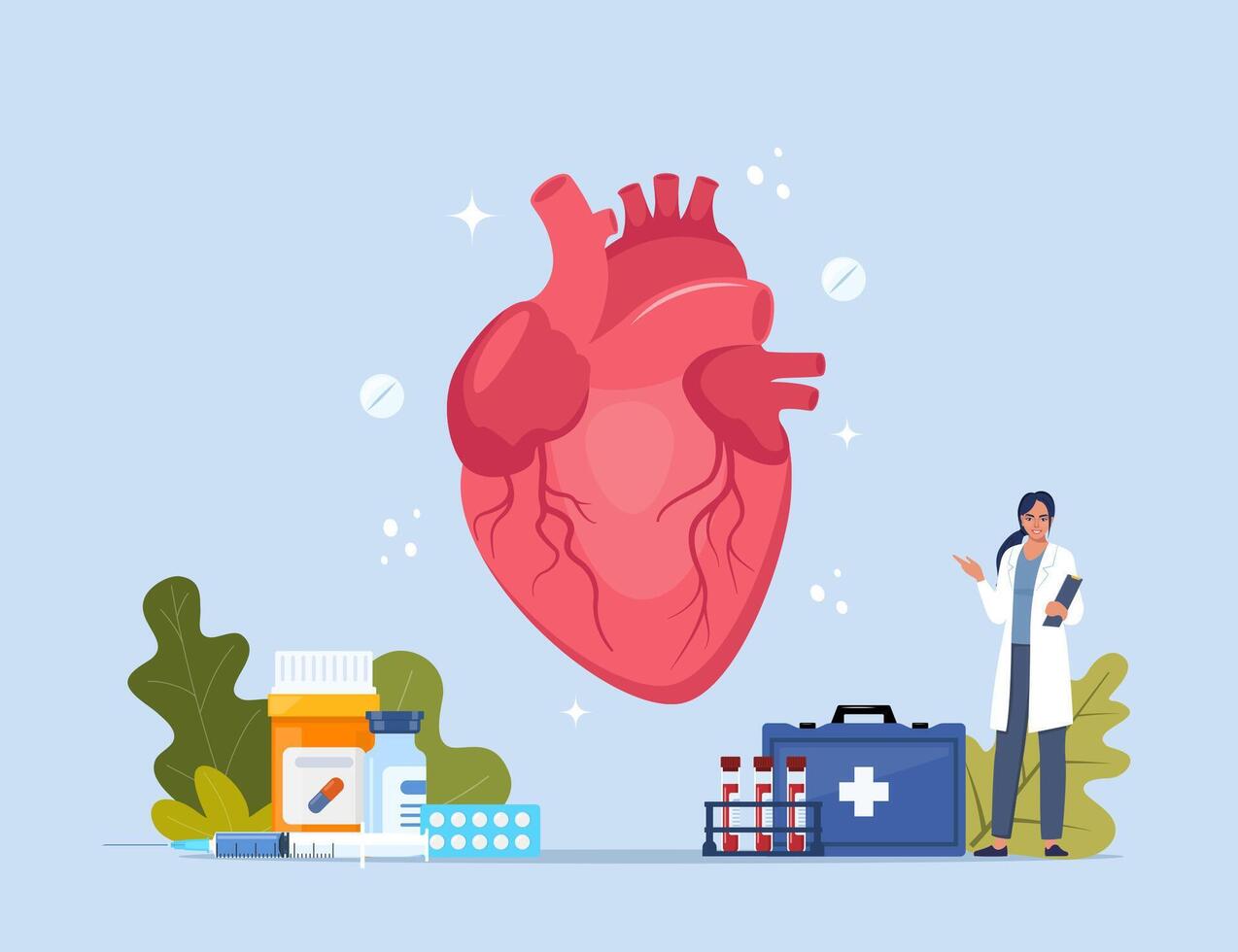 Human heart. Inner organs disease treatment. Modern design concept with tiny doctor character, medical drugs, equipment, analysis. Illustration. vector