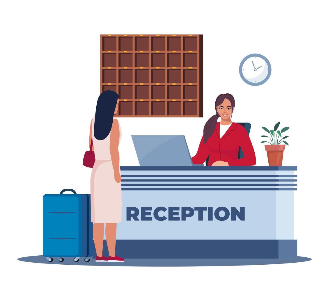 Hotel lobby, reception. Woman receptionist behind the desk, guest with baggage checking in. Hotel Arriving. Tourism, business trip concept. Interior of inn. illustration. vector