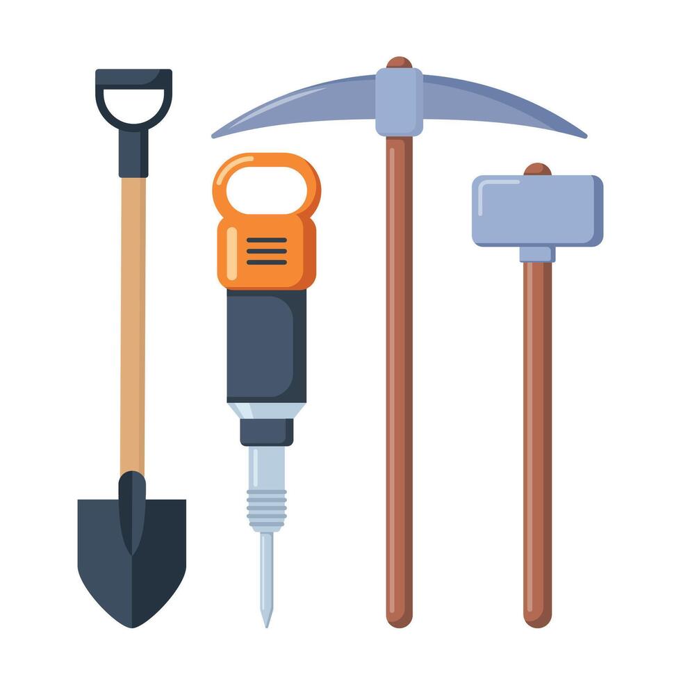 Mining tools, shovel, pickaxe, jackhammer, sledgehammer. illustration. vector