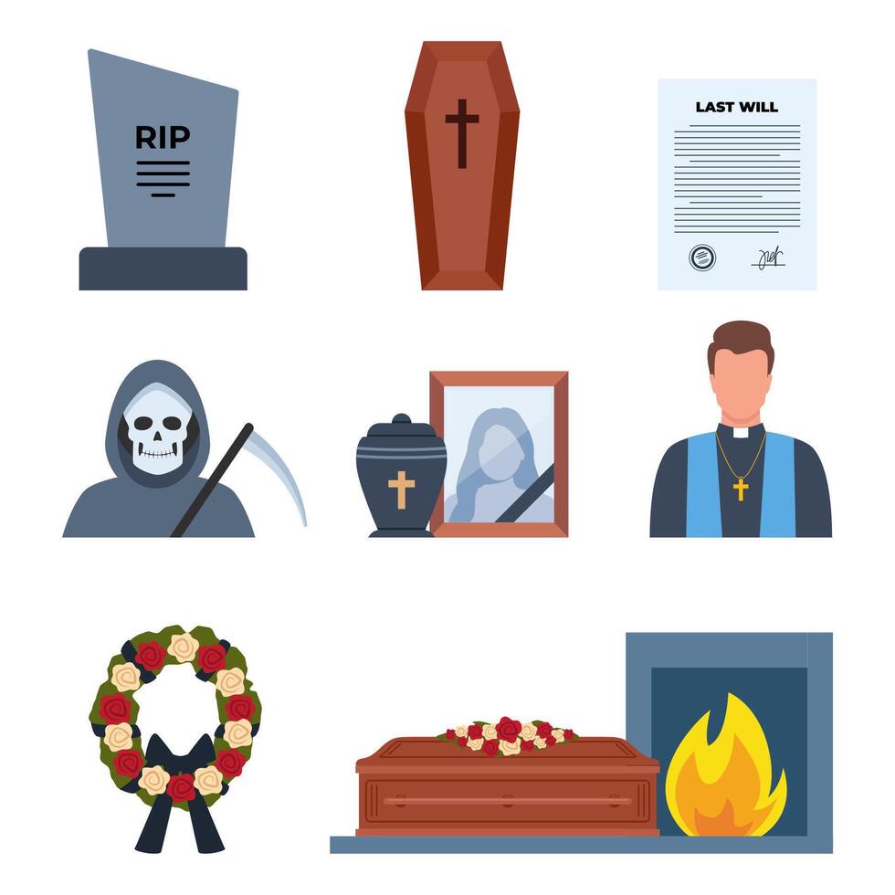 Funeral icons. Funeral accessories. Funeral wreath, coffin, tombstone, urn with ashes, death, priest, corpse, hearse, flowers, will. Ritual services, funeral agency concept. illustration. vector