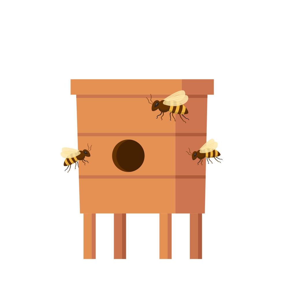 Wooden Beehive on white background. Traditional beehive natural beekeeper insect organic farm. Honeycomb food sweet home. illustration. vector