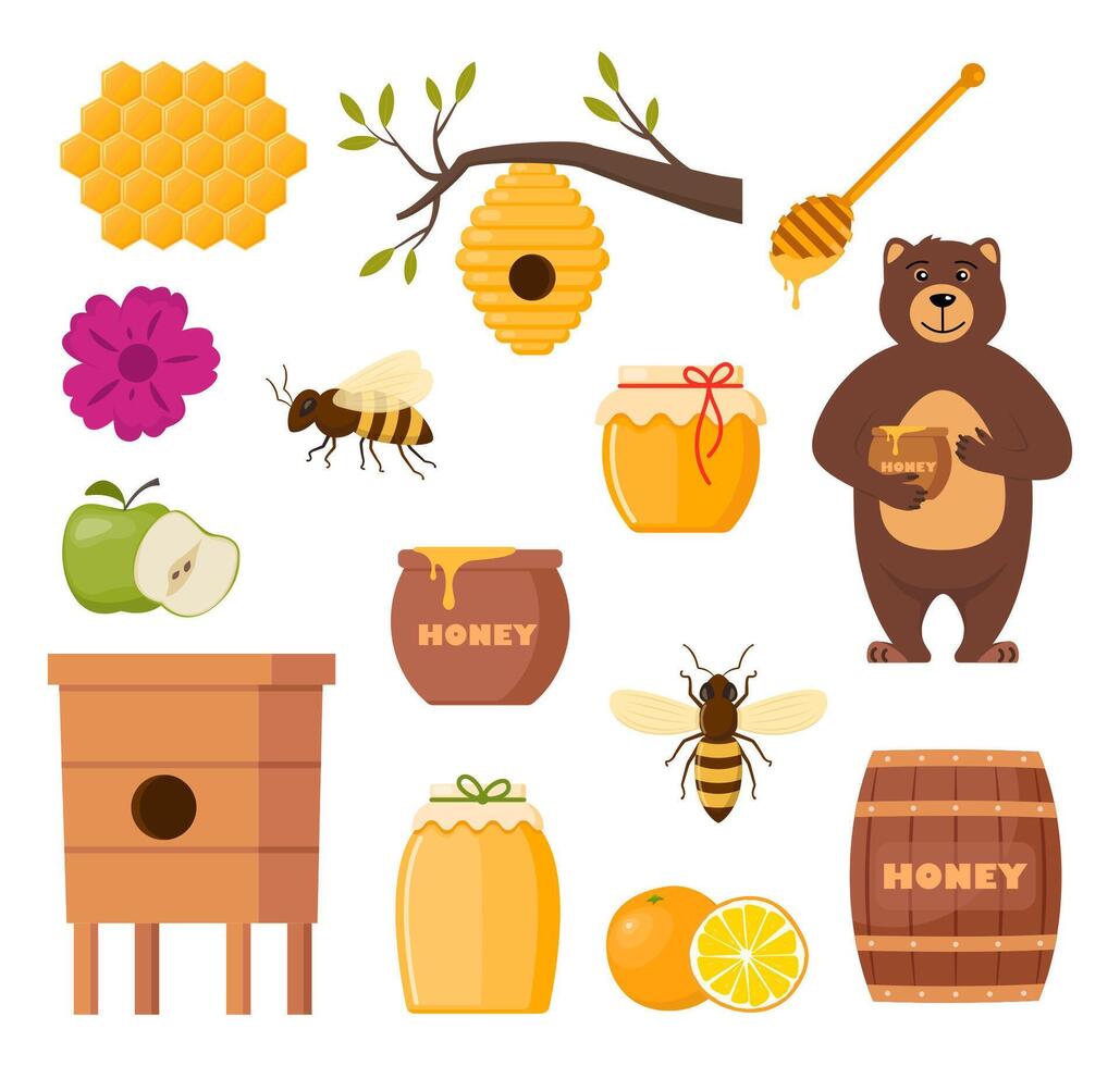 Beekeeping set. Beekeeper character, beehive, bee, honeycombs, honey jar, dipper, barrel flowers. Healthy sweet syrup. Beekeeping farm. Honey bee farming business. illustration. vector