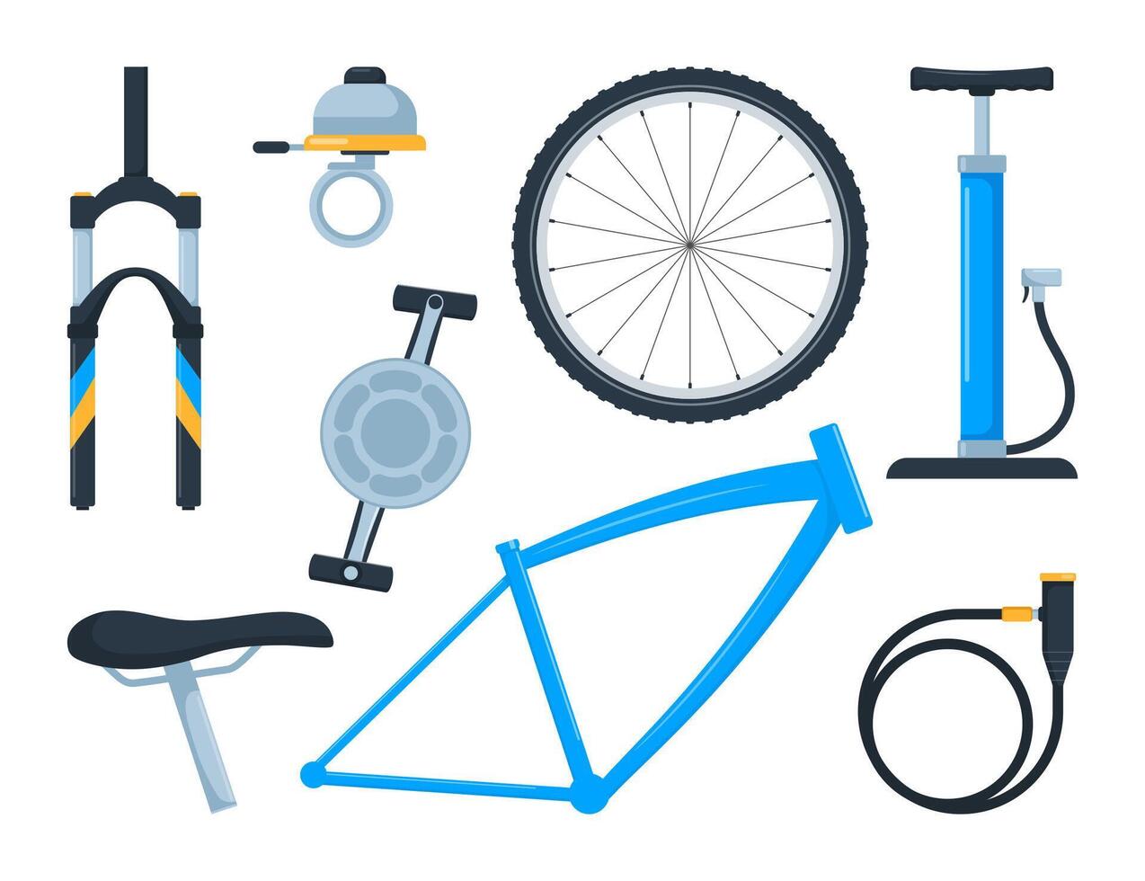 Bicycle equipment and parts, set of icons, symbols and design elements. Sport bike repair components. illustration. vector