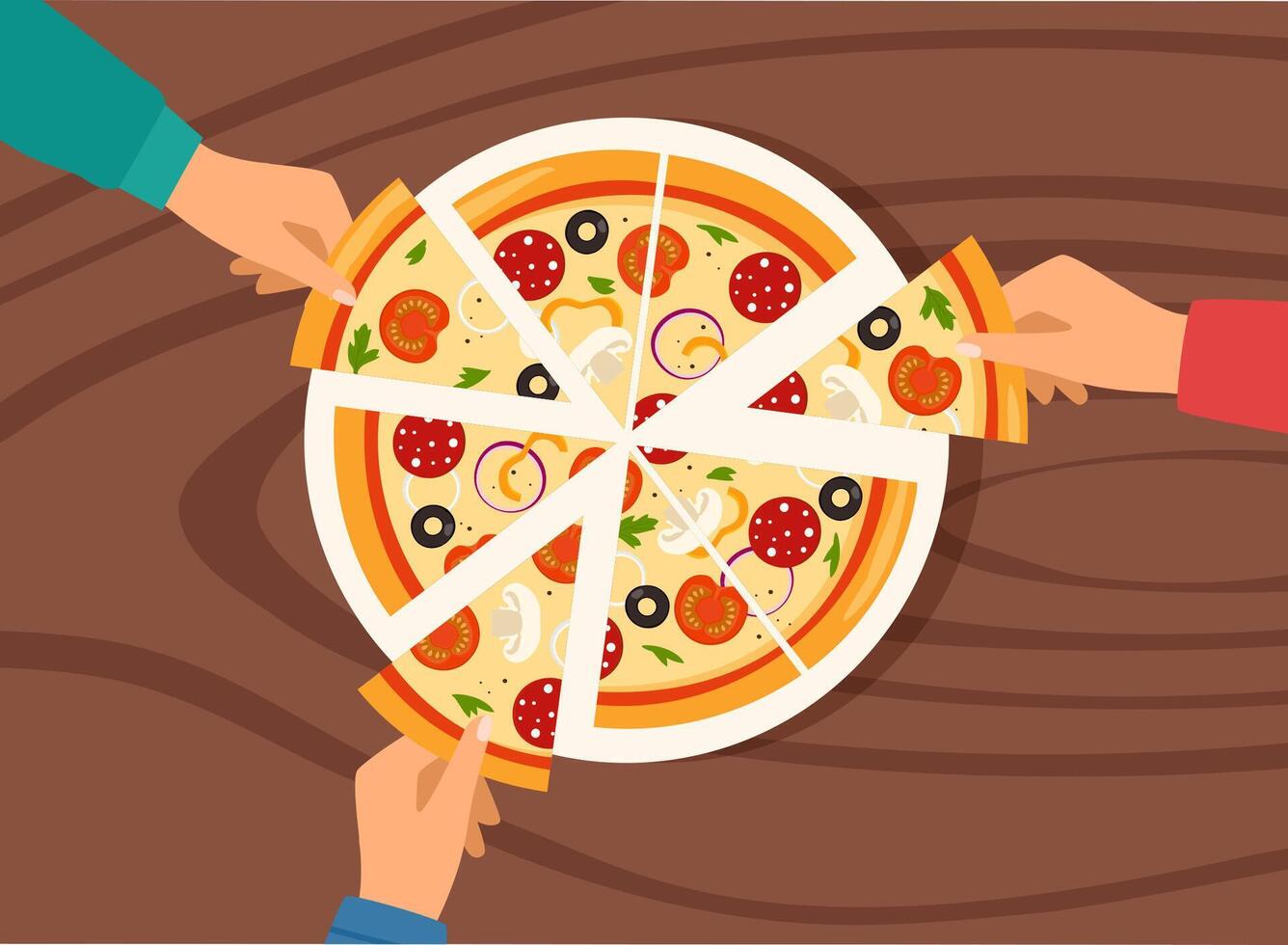 People hands taking triangle pizza slices from dish on table. Top view of Italian fast food at corporate party. Hungry friends eating fast food together. illustration. vector