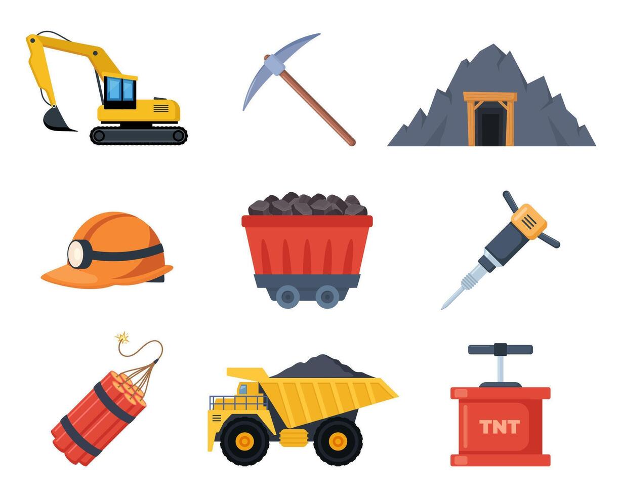 Mining coal industry icons, set. Tools and equipment for manufacture, truck and mine, mineral fuel, miner symbol, signs of machinery and dump. illustration. vector