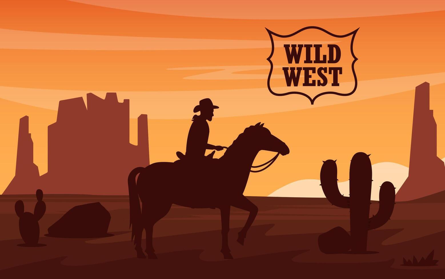 Desert landscape with silhouette of cowboy on horse, mountains, cactuses on sunset. Wild West Texas in flat style. Western scene. Wild West Arizona. illustration. vector