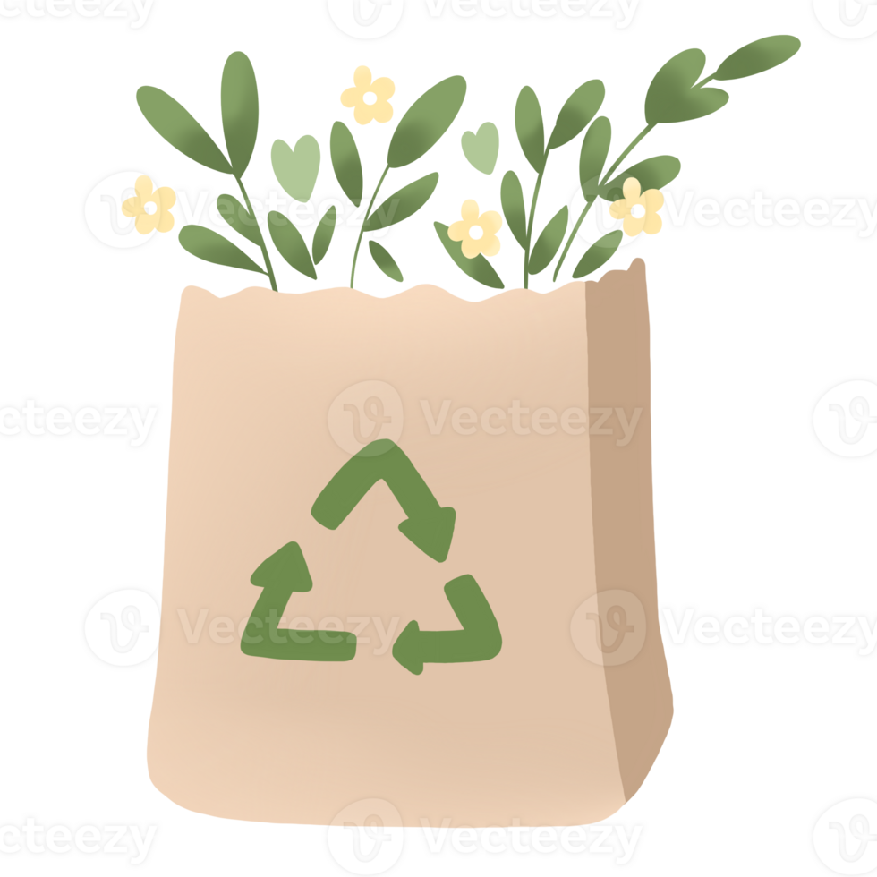paper bag with flowers and recycling symbol png